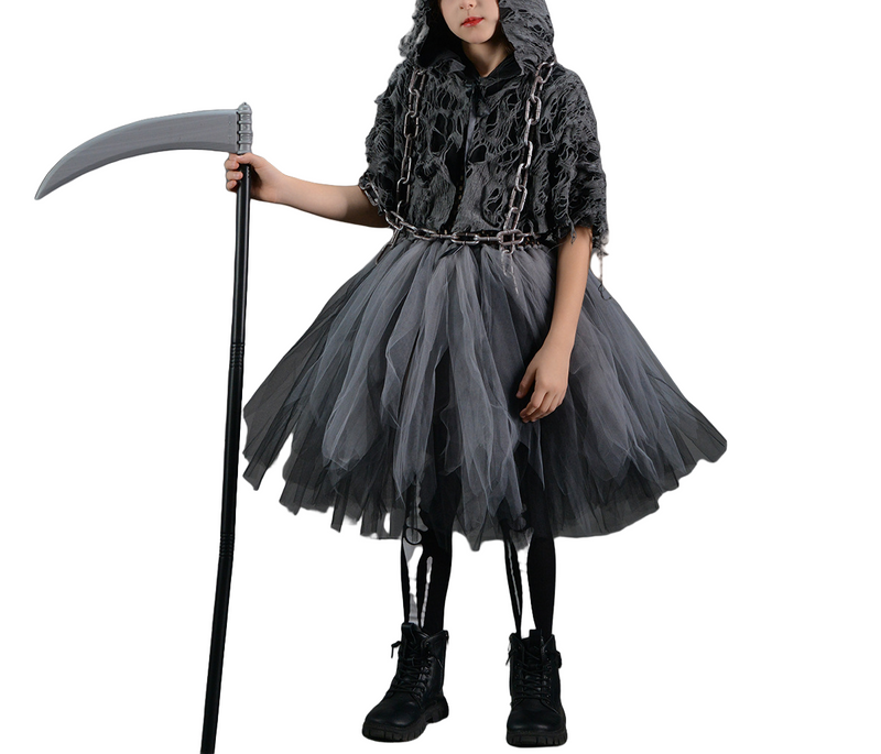 Kids Grim Reaper Cosplay Costume Ripped Dress Cloak Chain Scythe Prop