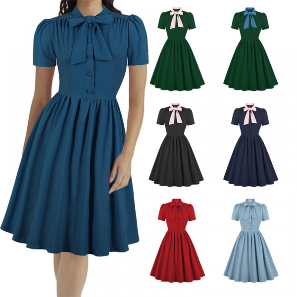 1950s Cocktail Party Rockabilly Retro Short Sleeve Tie Midi Dress