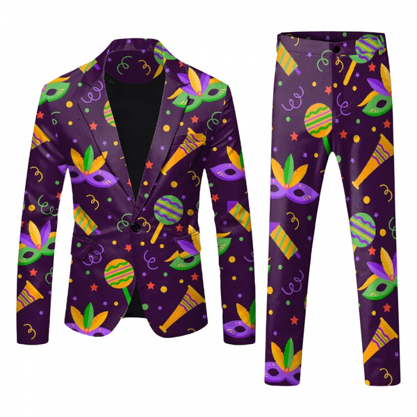 2 Piece Mardi Gras Casual Sweatsuits One Buttton Notched Lapel Floral Uniform