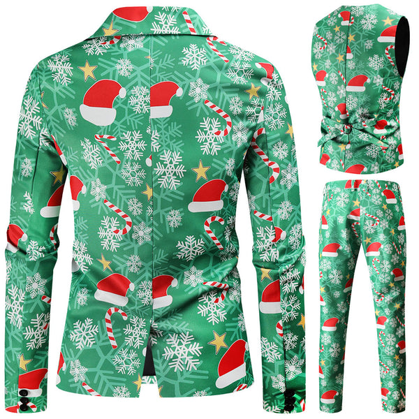 3 Piece Snowflake Snowman Print Jacket Pants Vest Men Christmas Suits