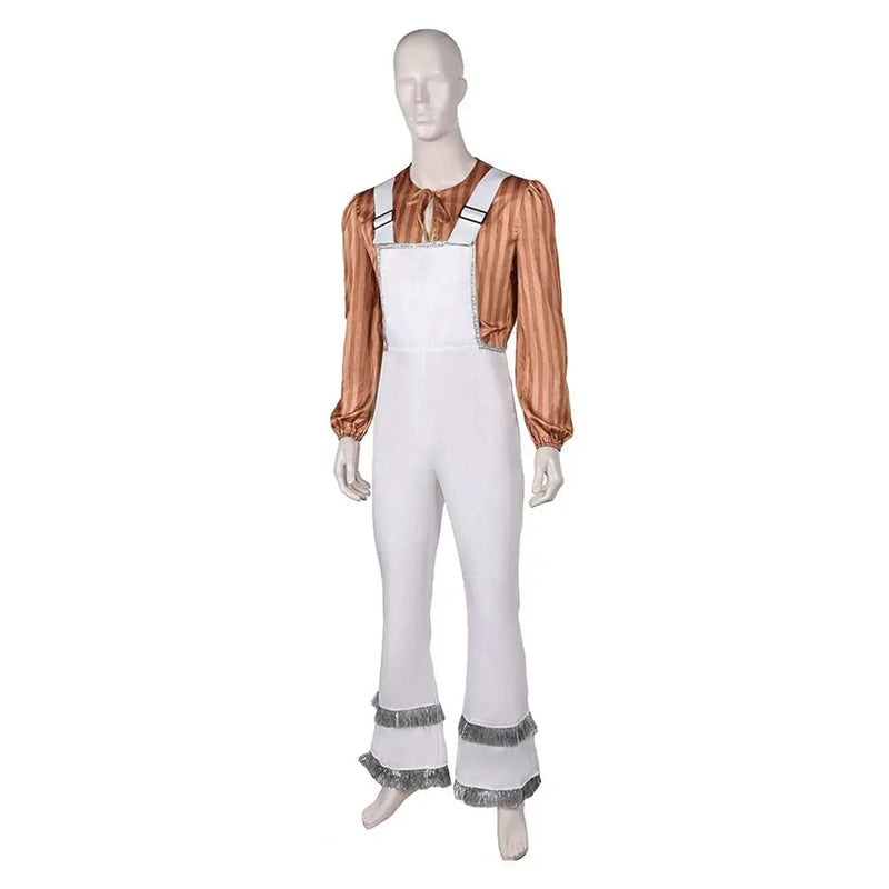 ABBA Band Men Cosplay Costume Brown Striped Top White Overall