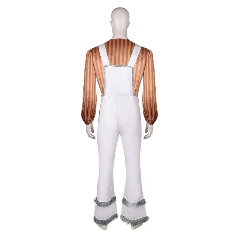 ABBA Band Men Cosplay Costume Brown Striped Top White Overall