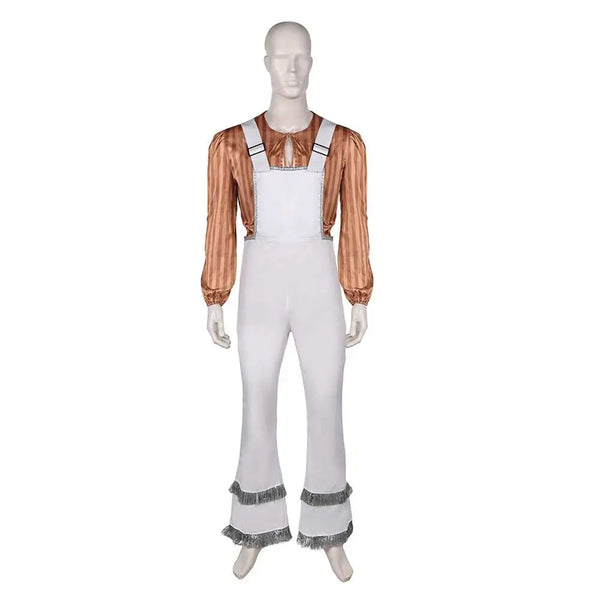 ABBA Band Men Cosplay Costume Brown Striped Top White Overall