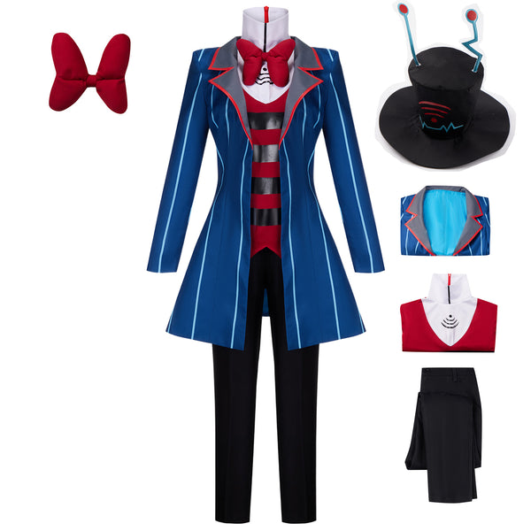 AwwwCos Anime Hazbin Hotel Vox Cosplay Costume Men Suit Blue Jacket Coat Sweatershirt Halloween Outfit Uniform Clothes Hat