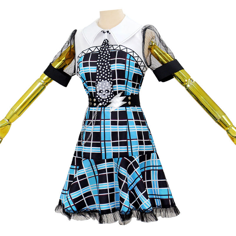 Anime Monster High Frankie Stein Cosplay Costume Blue Pleated Dress