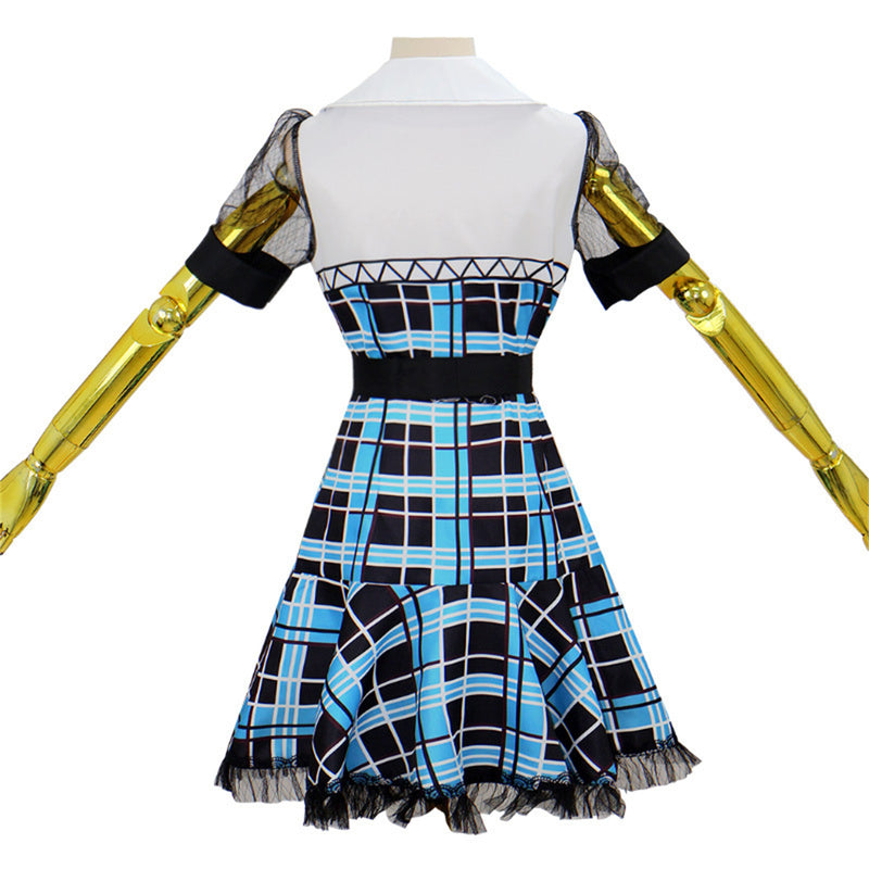 Anime Monster High Frankie Stein Cosplay Costume Blue Pleated Dress