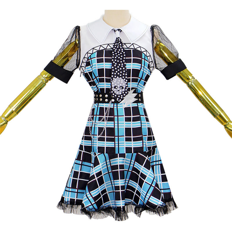 Anime Monster High Frankie Stein Cosplay Costume Blue Pleated Dress