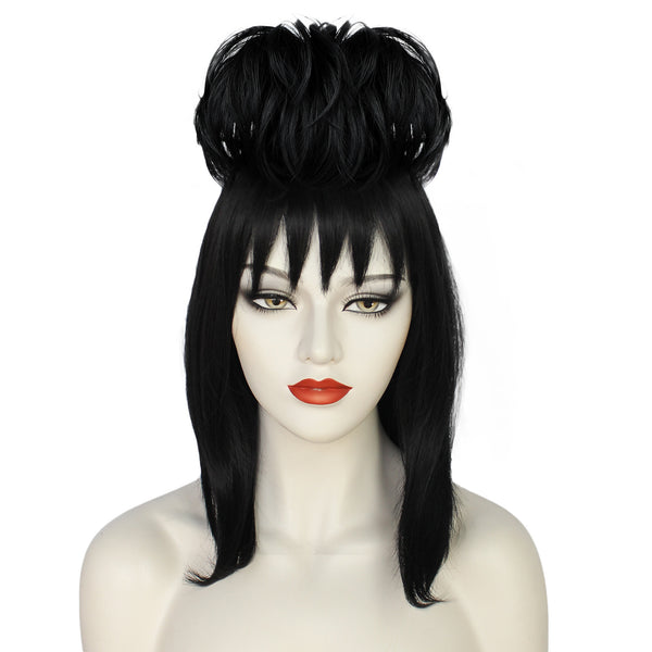 Beetlejuice Lydia Deetz Cosplay Wig Black Long Straight with Flower Buds Hair