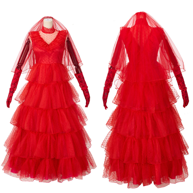 Beetlejuice Lydia Cosplay Costume Women Cake Chiffon Red Wedding Dress