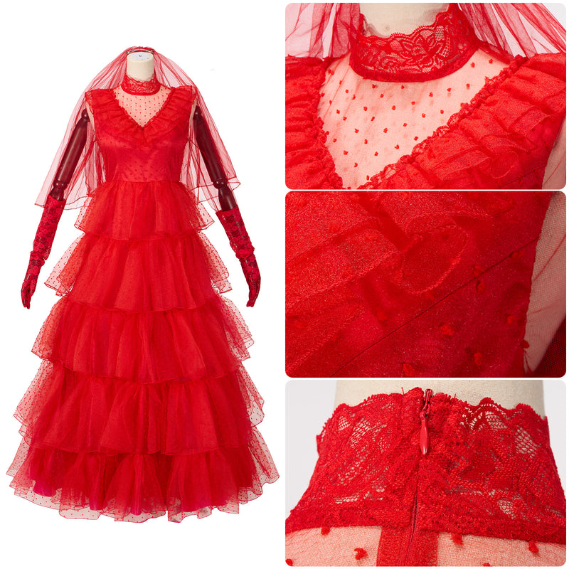 Beetlejuice Lydia Cosplay Costume Women Cake Chiffon Red Wedding Dress