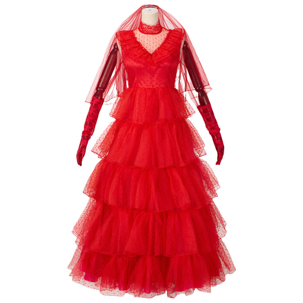 Beetlejuice Lydia Cosplay Costume Women Cake Chiffon Red Wedding Dress