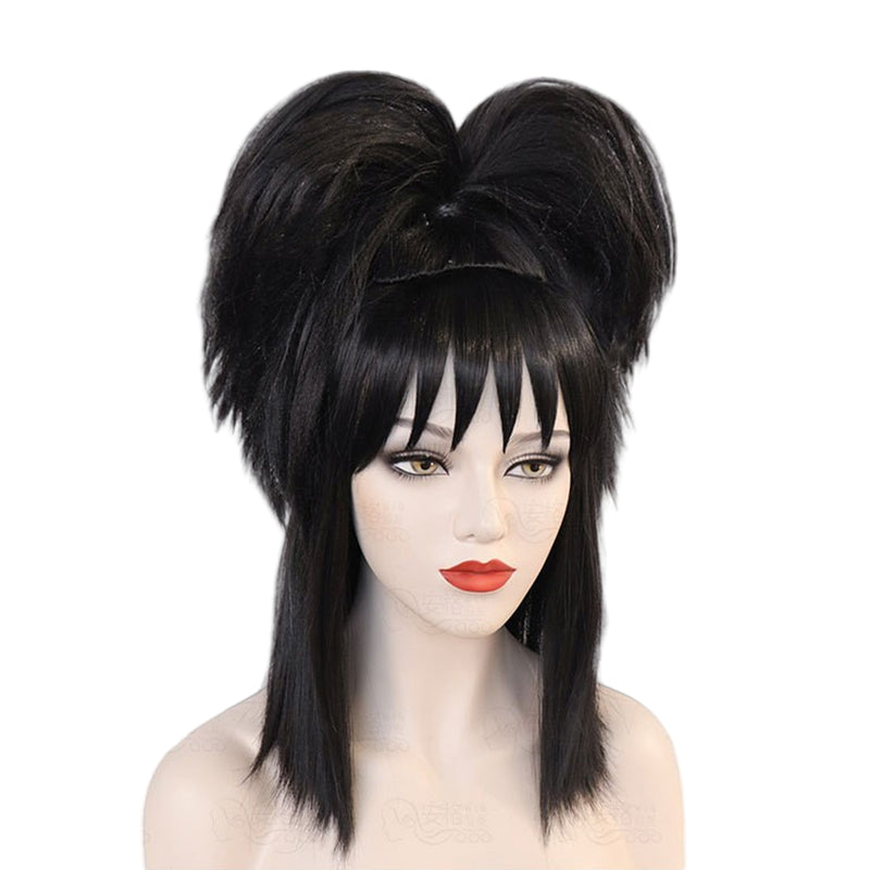 Beetlejuice Lydia Deetz Cosplay Wig Women Black Shoulder Hair with Flower Buds