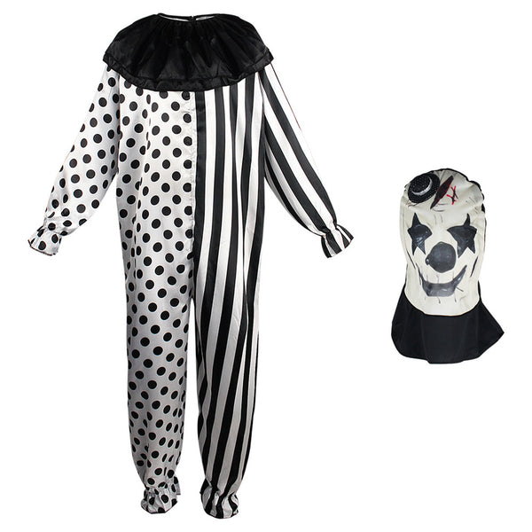 Black and White Game Clown Cosplay Pliced Jumpsuit Headgear