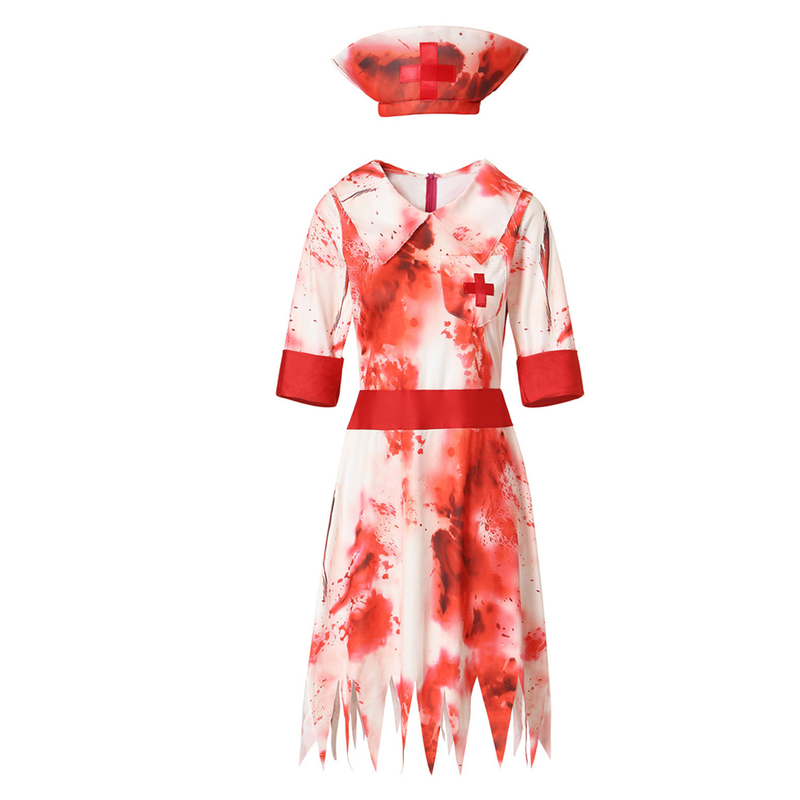 Bloody Nurse Cosplay Costume Women Halloween Zombie Short Sleeve Dress with Hat