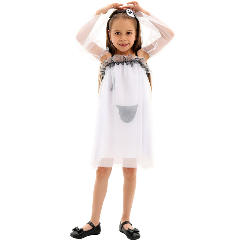 Child Girl Ghost Printed White Summer Dress Cosplay Costume