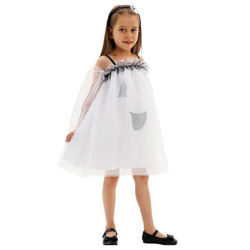 Child Girl Ghost Printed White Summer Dress Cosplay Costume