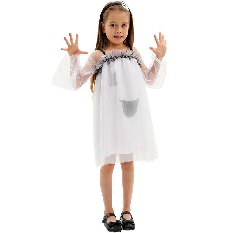 Child Girl Ghost Printed White Summer Dress Cosplay Costume