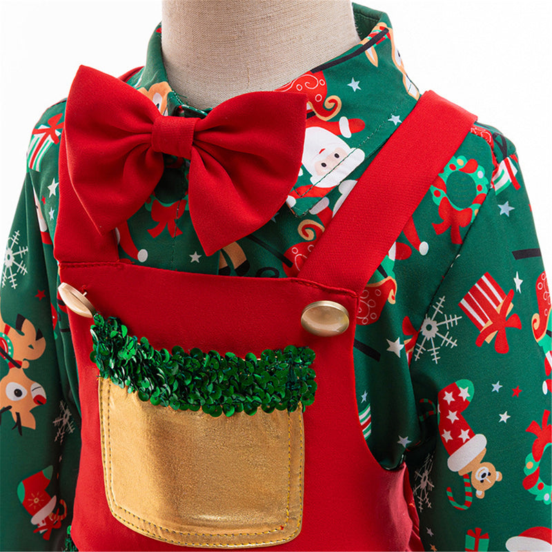 Kids Christmas Cosplay Party Bow Color Block Strap Evening Costume