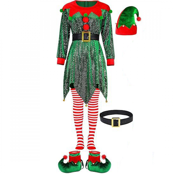 Christmas Elf Santa Cosplay Xmas Festival Outfit Dress Belt Hat Sock