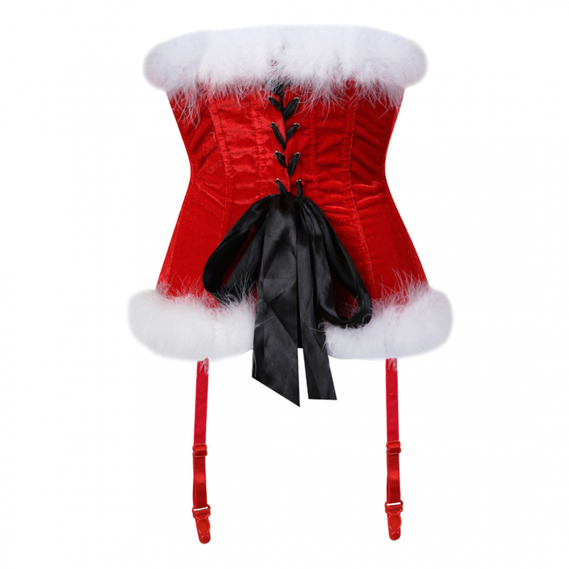 Christmas Mrs. Claus Bustier Corset Sexy Lace up Overbust Push up Bodyshaper with Thong Lingerie