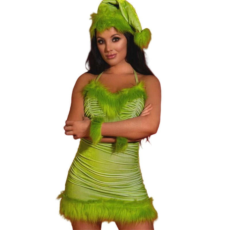 Christmas Party Cosplay Costume Women Sexy Green Dress Hat