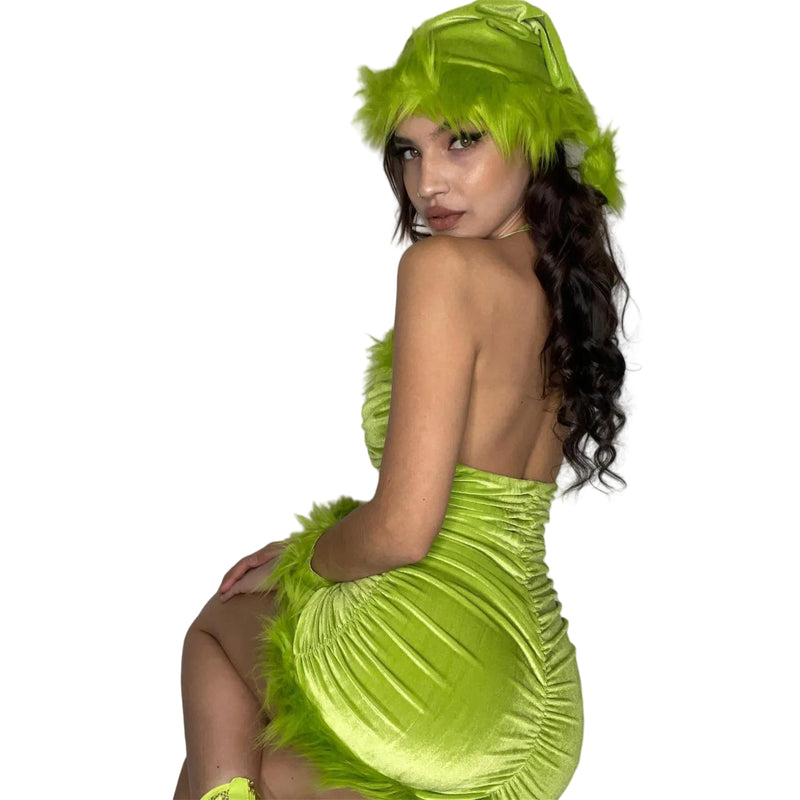 Christmas Party Cosplay Costume Women Sexy Green Dress Hat