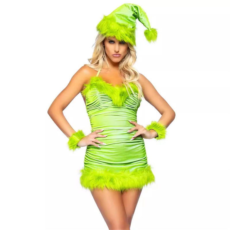 Christmas Party Cosplay Costume Women Sexy Green Dress Hat