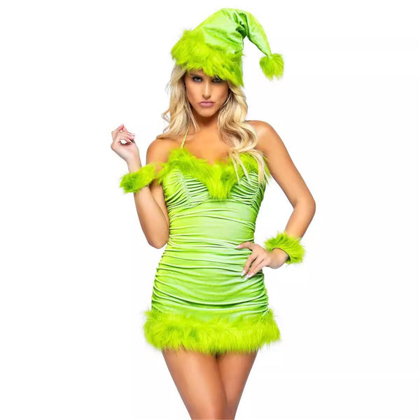 Christmas Party Cosplay Costume Women Sexy Green Dress Hat