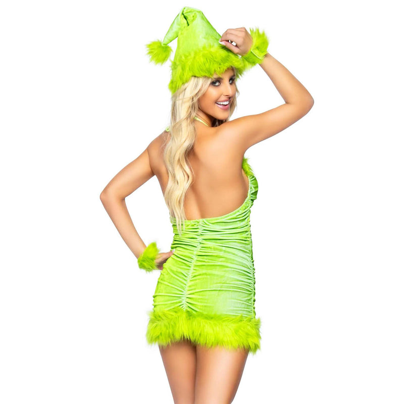 Christmas Party Cosplay Costume Women Sexy Green Dress Hat