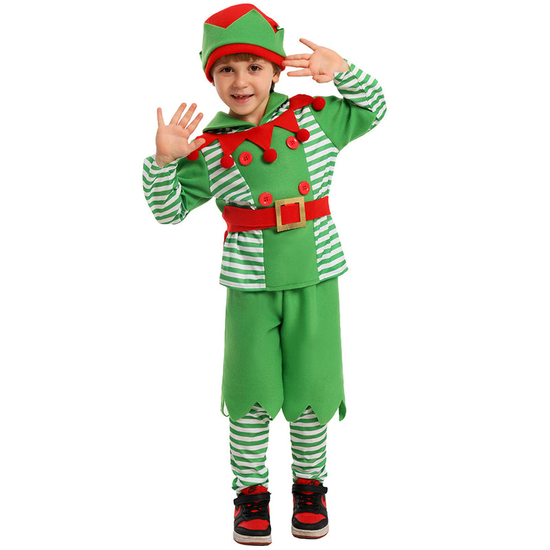 Christmas Party Elf Boys Kids Cosplay Costume Green Striped Outfits