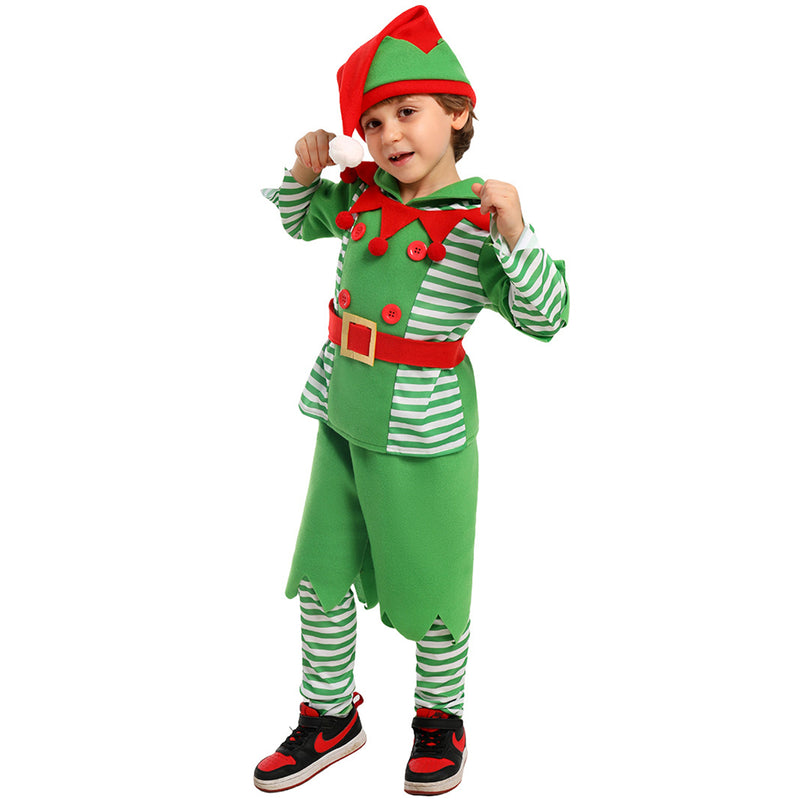 Christmas Party Elf Boys Kids Cosplay Costume Green Striped Outfits