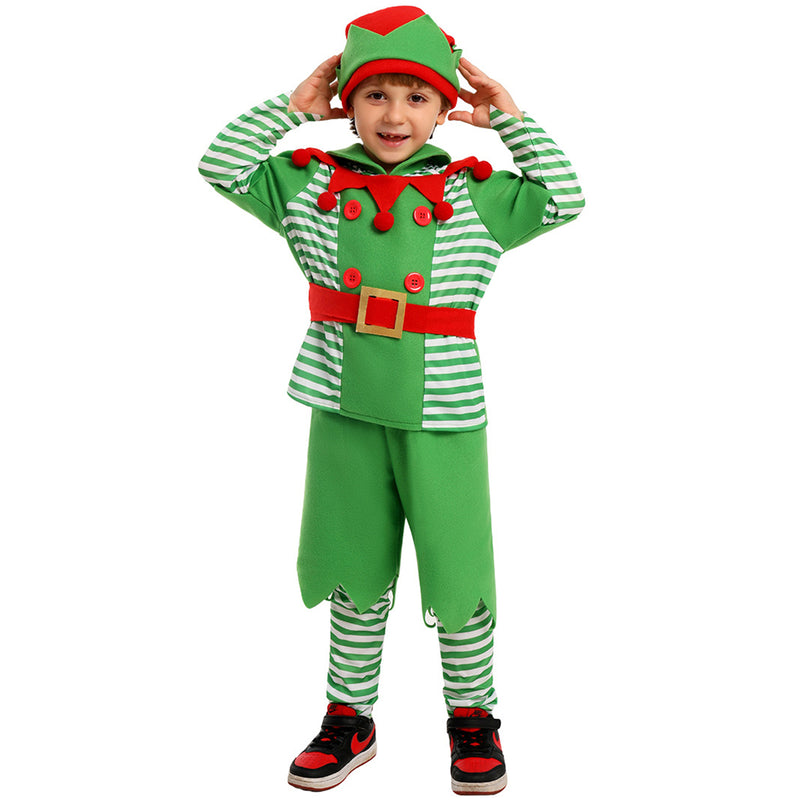 Christmas Party Elf Boys Kids Cosplay Costume Green Striped Outfits