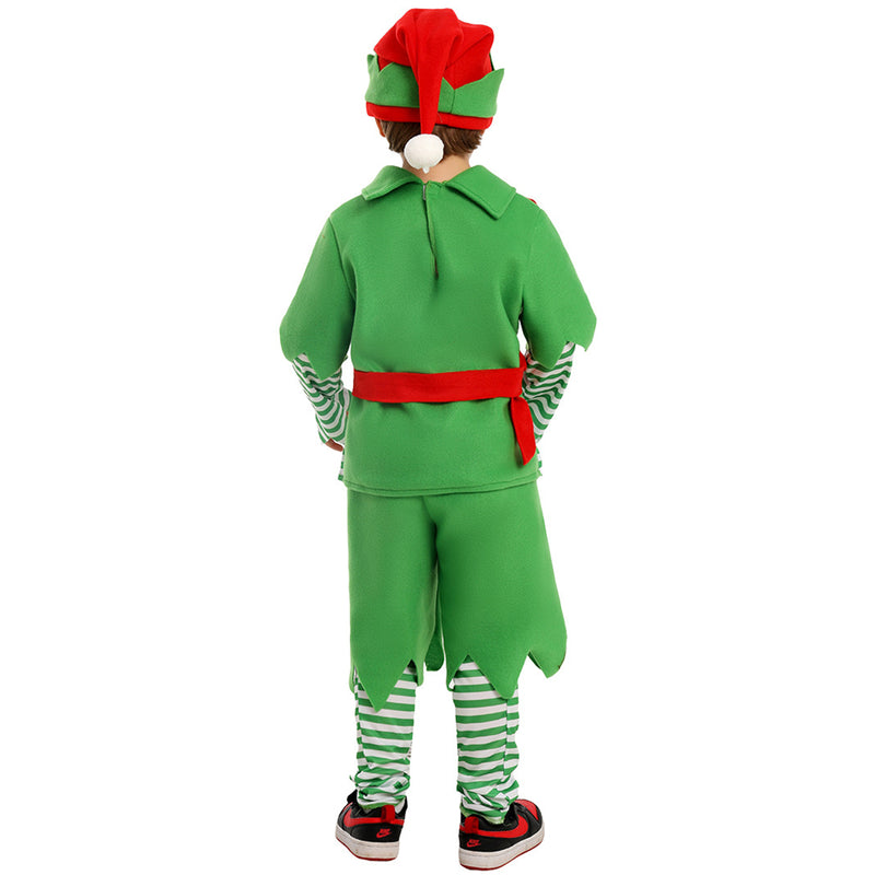 Christmas Party Elf Boys Kids Cosplay Costume Green Striped Outfits