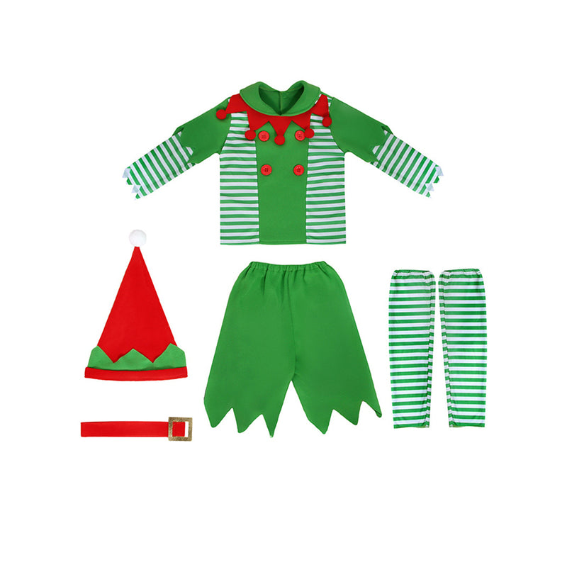 Christmas Party Elf Boys Kids Cosplay Costume Green Striped Outfits