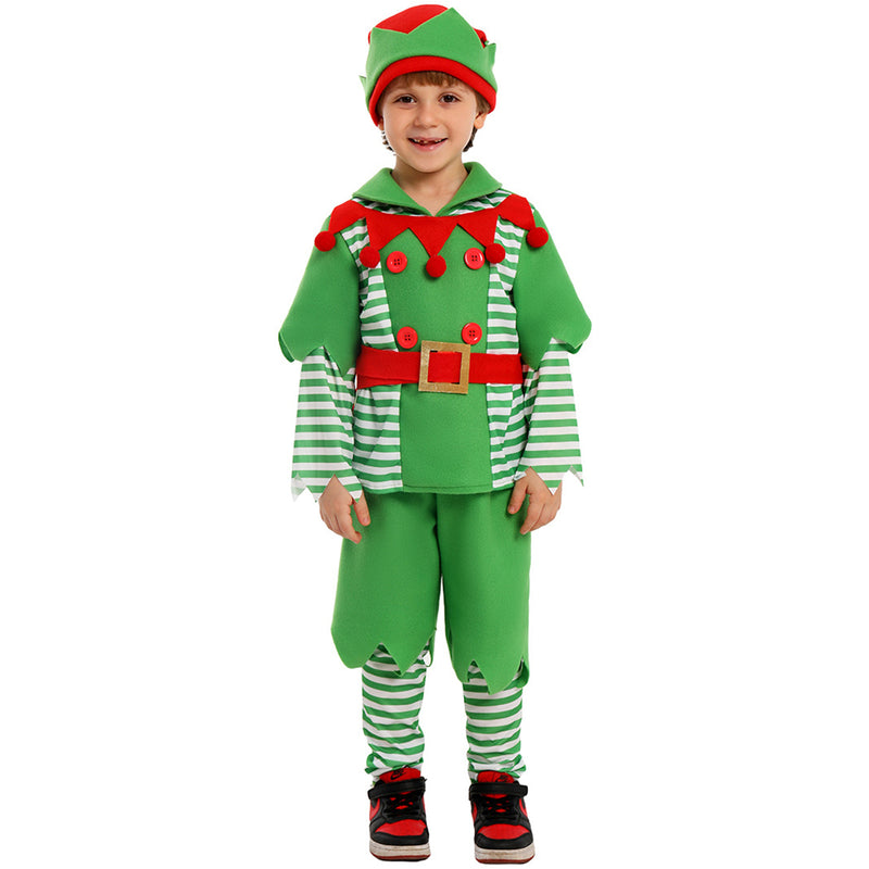 Christmas Party Elf Boys Kids Cosplay Costume Green Striped Outfits