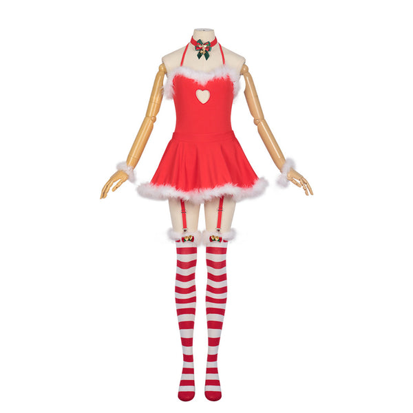 Christmas Party Event Cosplay Costume Halter Neck Dress Socks