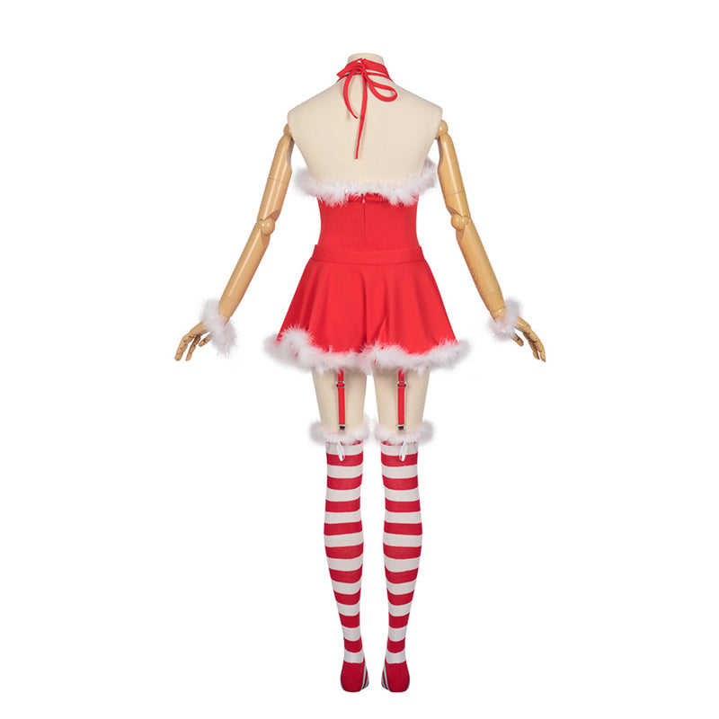 Christmas Party Event Cosplay Costume Halter Neck Dress Socks