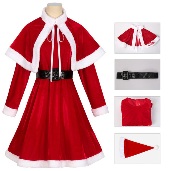 Christmas Party Event Women Cosplay Costume Red Dress Cloak Hat