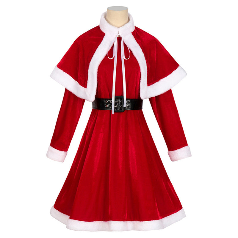 Christmas Party Event Women Cosplay Costume Red Dress Cloak Hat