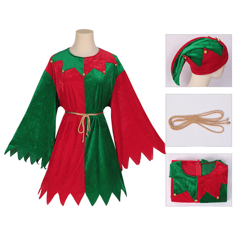 Christmas Party Spliced Dress Hat Belt Women Cosplay Costume