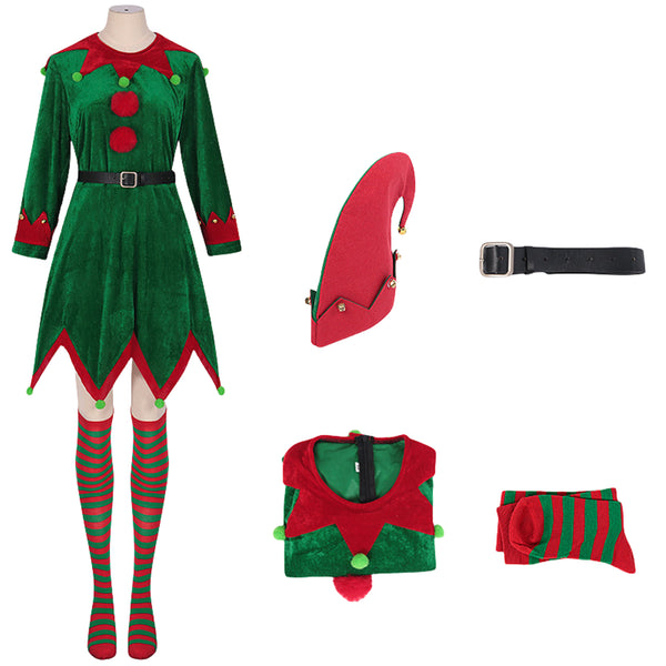 Christmas Party Women Cosplay Costume Mini Dress Hat Belt Socks