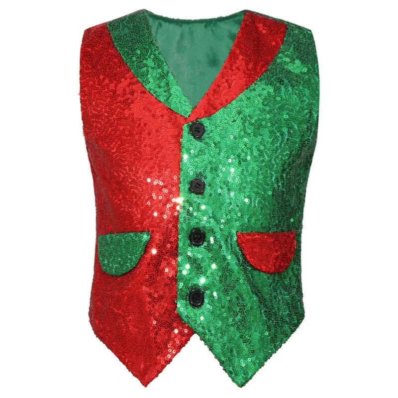 Christmas Sequined Vest Red Green Spliced Double Color Block Vest