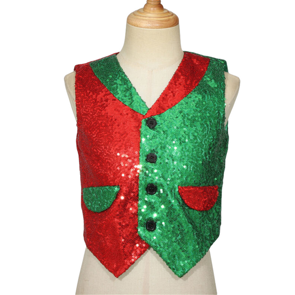 Christmas Sequined Vest Red Green Spliced Double Color Block Vest