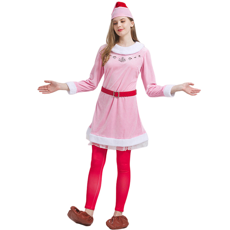 Christmas Women Cosplay Costume Pink Dress Hat Shoe Cover