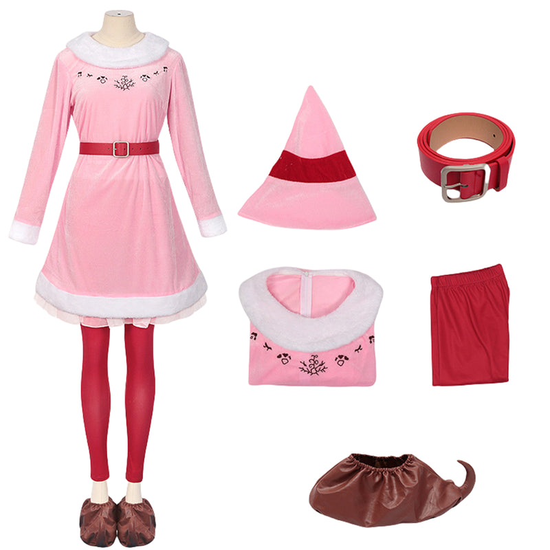 Christmas Women Cosplay Costume Pink Dress Hat Shoe Cover