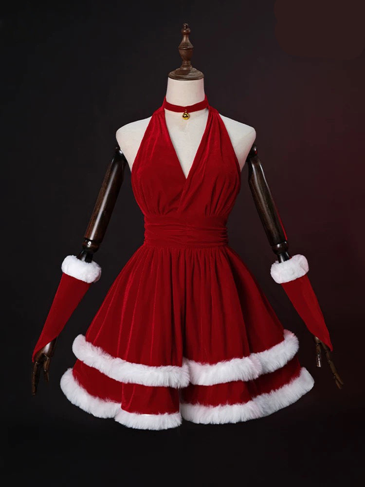 Christmas Women Velvet Santa Costume Red Halter Neck Mini Dress