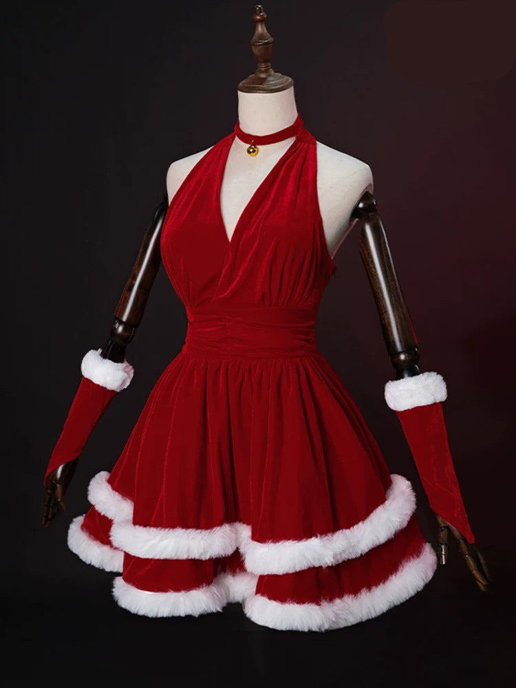 Christmas Women Velvet Santa Costume Red Halter Neck Mini Dress