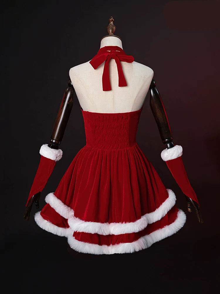 Christmas Women Velvet Santa Costume Red Halter Neck Mini Dress