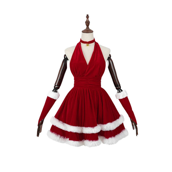 Christmas Women Velvet Santa Costume Red Halter Neck Mini Dress