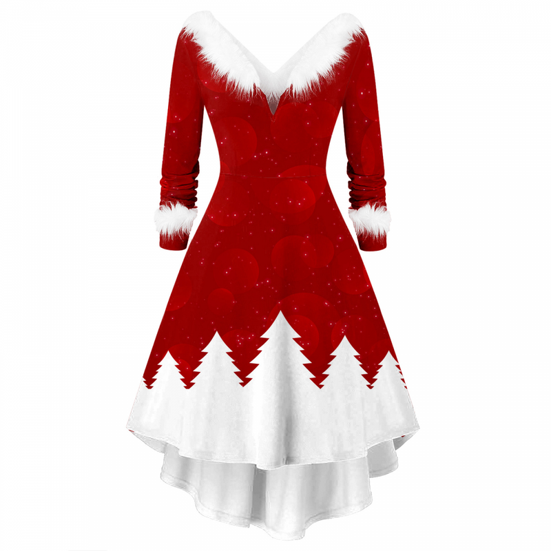 Christmas Women Xmas Fuzzy V Neck Long Sleeve A Line Dress